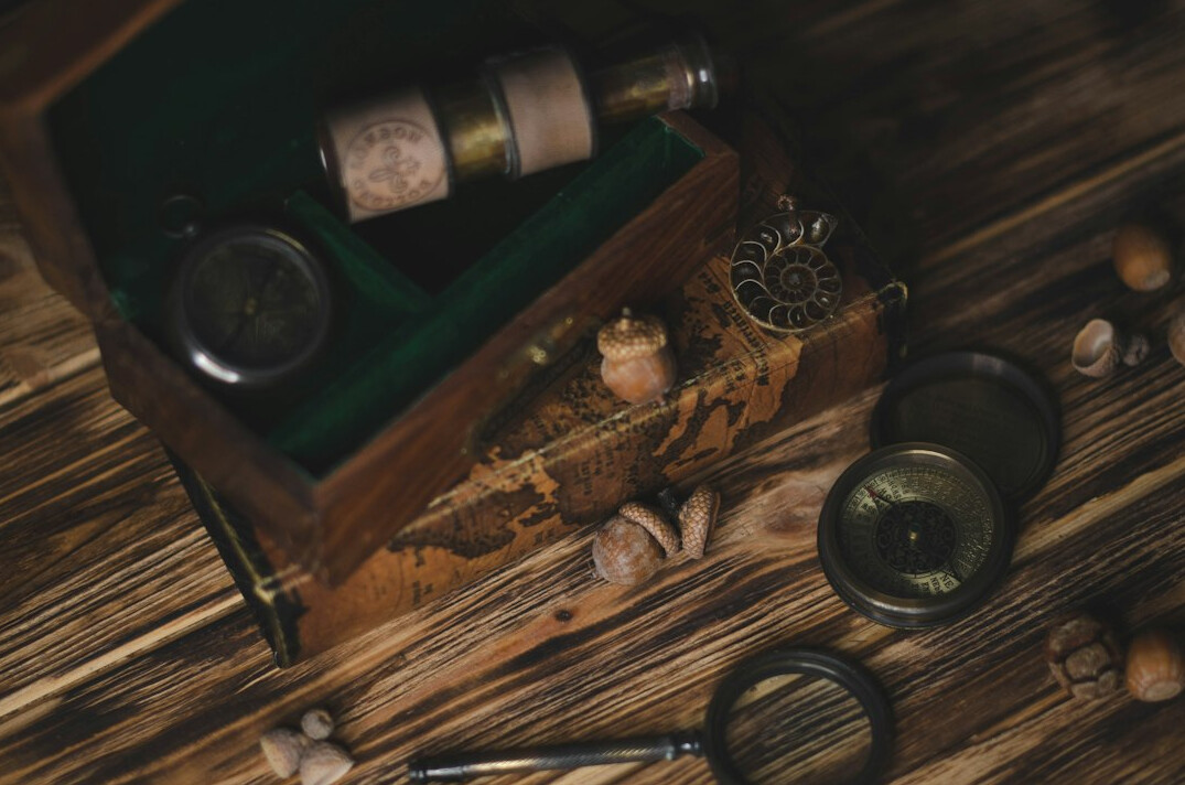 Detective's desk with notebook, magnifying glass and old map